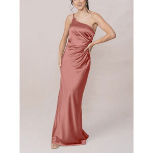 Revelry Jade Pink One Shoulder Satin Gown Size 12 Bridesmaid Desert Rose